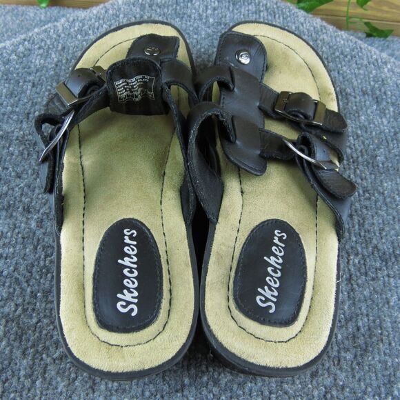 Skechers‎ Women Slide Sandal Shoes Black Leather Size 6 Medium - Picture 6 of 10